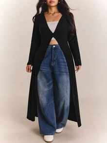 CovetEZ Plus Size Solid Color Slim Fit Button Up Casual Cardigan,Fall Clothes For Women Winter Autumn Office Black - Black - View 3