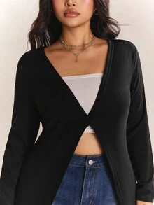 CovetEZ Plus Size Solid Color Slim Fit Button Up Casual Cardigan,Fall Clothes For Women Winter Autumn Office Black - Black - View 9