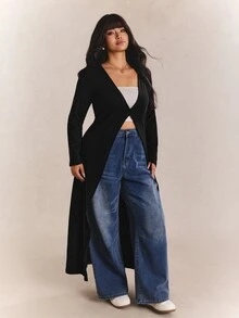 CovetEZ Plus Size Solid Color Slim Fit Button Up Casual Cardigan,Fall Clothes For Women Winter Autumn Office Black - Black - View 6