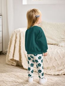 Cozy Pixies 2pcs Set Baju dan Celana Rajut Lembut Motif Bunga untuk Bayi Perempuan, Kerah Bulat, Lengan Panjang - Hijau - View 2
