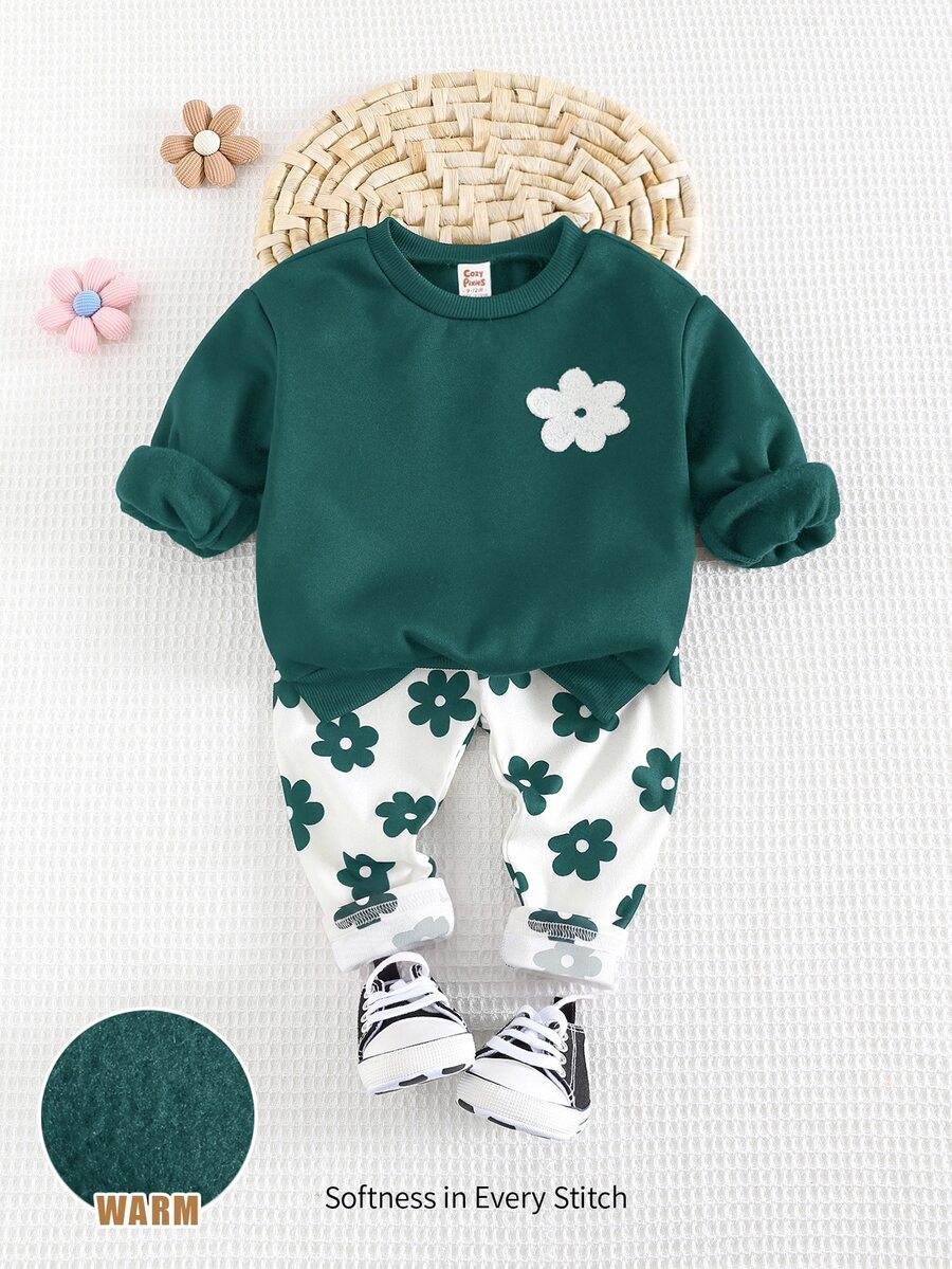 Cozy Pixies 2pcs Set Baju dan Celana Rajut Lembut Motif Bunga untuk Bayi Perempuan, Kerah Bulat, Lengan Panjang - Hijau - View 1