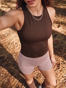 Exploreva Exploreva Women's Slim Fit Outdoor Brown Criss-Cross Back Tank Top - Brown - View 2
