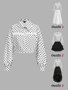 SHEIN MOD 時尚女款波點短版夾克，附荷葉邊細節與全開拉鍊設計，秋冬外套，可愛波點外套 - 黑與白 - 查看 2