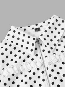 SHEIN MOD 時尚女款波點短版夾克，附荷葉邊細節與全開拉鍊設計，秋冬外套，可愛波點外套 - 黑與白 - 查看 6