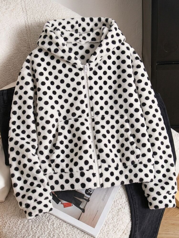 Girls' Fleece Jacket, White With Black Polka Dot, Fashionable Cardigan Style, Youthful For Winter, Suitable For Back To School Career Day Cute Kawaii - White - View 1