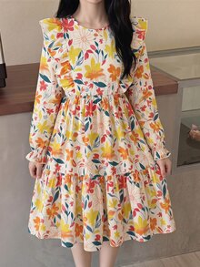 SHEIN 少女棕色與兒童白色復古花卉秋季野餐長袖荷葉邊寬鬆洋裝 - 棕色 - 查看 7