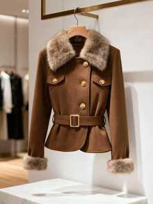Yalmera Women's Fur Collar Long Sleeve Single-Breasted Elegant Regular Fit Jacket - Brown - View 3