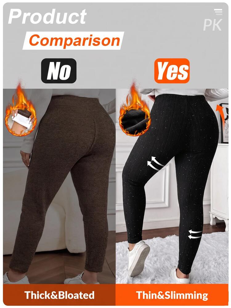 SHEIN LUNE Plus Size Fashion Glitter High Waist Leggings Night Black Sexy Winter Clothes - Black - View 6