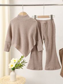 SHEIN Playful Pals Young Girls' Spring/Autumn/Winter Casual T-Shirt Set, White Beaded Decoration, Asymmetrical High Neck Knit Ribbed Khaki Top Flared Pants 2 Pieces Set - Khaki - View 3