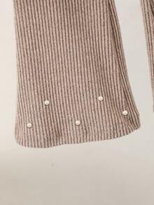 SHEIN Playful Pals Young Girls' Spring/Autumn/Winter Casual T-Shirt Set, White Beaded Decoration, Asymmetrical High Neck Knit Ribbed Khaki Top Flared Pants 2 Pieces Set - Khaki - View 10