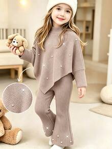 SHEIN Playful Pals Young Girls' Spring/Autumn/Winter Casual T-Shirt Set, White Beaded Decoration, Asymmetrical High Neck Knit Ribbed Khaki Top Flared Pants 2 Pieces Set - Khaki - View 2