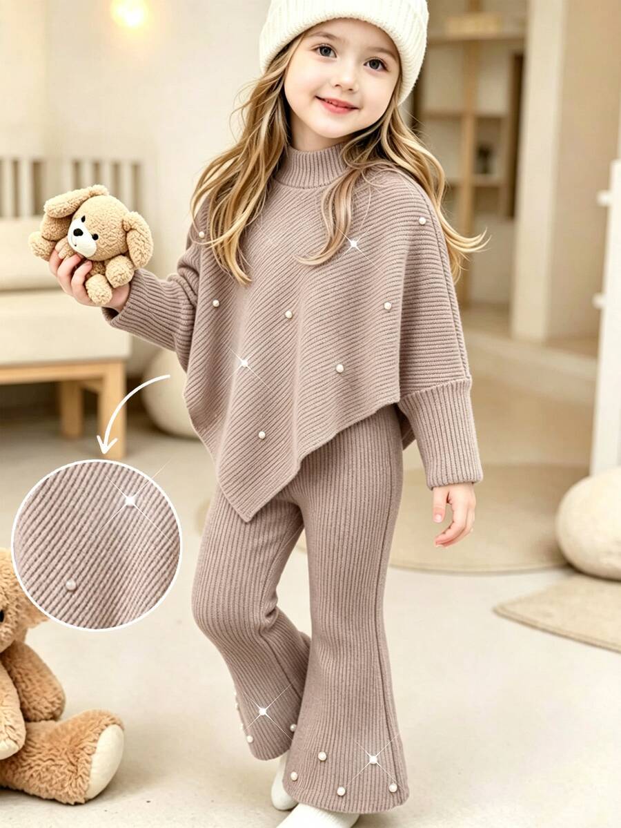 SHEIN Playful Pals Young Girls' Spring/Autumn/Winter Casual T-Shirt Set, White Beaded Decoration, Asymmetrical High Neck Knit Ribbed Khaki Top Flared Pants 2 Pieces Set