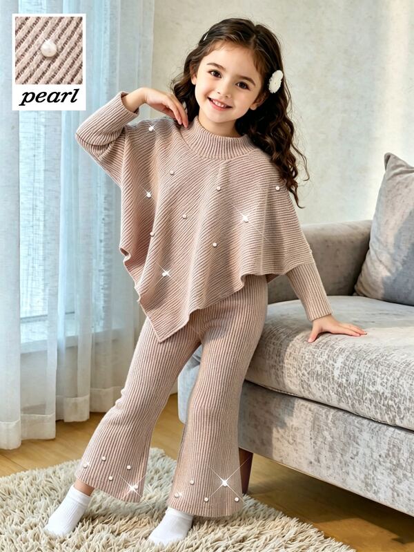 SHEIN Playful Pals Young Girls' Spring/Autumn/Winter Casual T-Shirt Set, White Beaded Decoration, Asymmetrical High Neck Knit Ribbed Khaki Top Flared Pants 2 Pieces Set