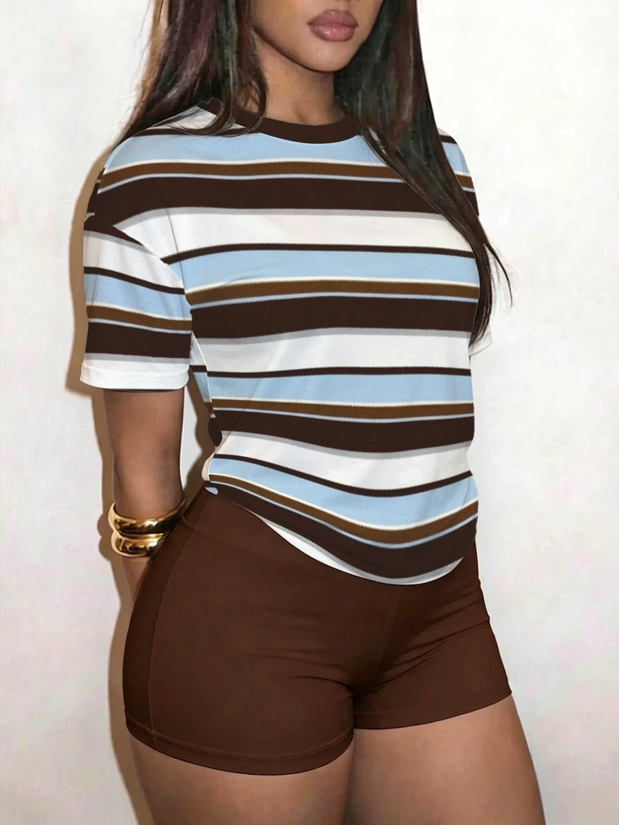 Slaydiva Plus Size Women's Striped Colorblock Short Sleeve Top And Shorts Casual Daily Set - Multicolor - View 1