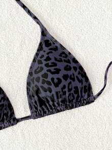 SHEIN Swim 2025年女士夏季度假沙滩豹纹吊带比基尼上衣 - 黑色 - 查看 4