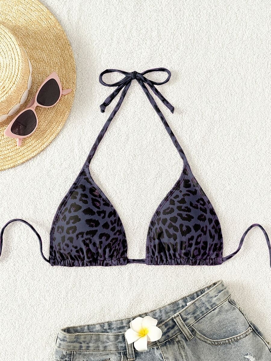 SHEIN Swim 2025年女士夏季度假沙滩豹纹吊带比基尼上衣