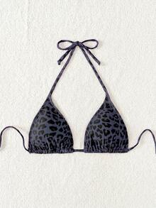 SHEIN Swim 2025年女士夏季度假沙滩豹纹吊带比基尼上衣 - 黑色 - 查看 5