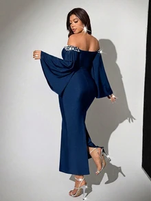 Viva Relle Women's Plus Size Elegant Solid Color Glossy High Elastic Knit Fabric Shiny Pearl Rhinestone Embellished Off Shoulder Design Plus Size Cuff Design Pleated Decoration Slim Fit Women's Plus Size Autumn/Winter New Style Concert Fashion Versatile Outing Wedding Guest Attire Party Gathering Night Date Christmas New Year Birthday Light Evening Dress Fashion Item Versatile Long Sleeve Long Dress - Navy Blue - View 5