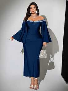 Viva Relle Women's Plus Size Elegant Solid Color Glossy High Elastic Knit Fabric Shiny Pearl Rhinestone Embellished Off Shoulder Design Plus Size Cuff Design Pleated Decoration Slim Fit Women's Plus Size Autumn/Winter New Style Concert Fashion Versatile Outing Wedding Guest Attire Party Gathering Night Date Christmas New Year Birthday Light Evening Dress Fashion Item Versatile Long Sleeve Long Dress - Navy Blue - View 1