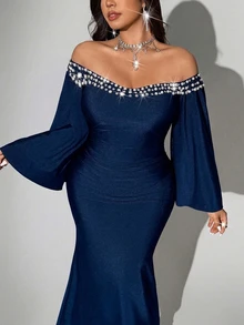 Viva Relle Women's Plus Size Elegant Solid Color Glossy High Elastic Knit Fabric Shiny Pearl Rhinestone Embellished Off Shoulder Design Plus Size Cuff Design Pleated Decoration Slim Fit Women's Plus Size Autumn/Winter New Style Concert Fashion Versatile Outing Wedding Guest Attire Party Gathering Night Date Christmas New Year Birthday Light Evening Dress Fashion Item Versatile Long Sleeve Long Dress - Navy Blue - View 2