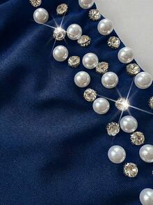 Viva Relle Women's Plus Size Elegant Solid Color Glossy High Elastic Knit Fabric Shiny Pearl Rhinestone Embellished Off Shoulder Design Plus Size Cuff Design Pleated Decoration Slim Fit Women's Plus Size Autumn/Winter New Style Concert Fashion Versatile Outing Wedding Guest Attire Party Gathering Night Date Christmas New Year Birthday Light Evening Dress Fashion Item Versatile Long Sleeve Long Dress - Navy Blue - View 7