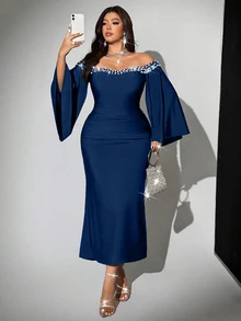 Viva Relle Women's Plus Size Elegant Solid Color Glossy High Elastic Knit Fabric Shiny Pearl Rhinestone Embellished Off Shoulder Design Plus Size Cuff Design Pleated Decoration Slim Fit Women's Plus Size Autumn/Winter New Style Concert Fashion Versatile Outing Wedding Guest Attire Party Gathering Night Date Christmas New Year Birthday Light Evening Dress Fashion Item Versatile Long Sleeve Long Dress - Navy Blue - View 3