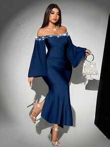 Viva Relle Women's Plus Size Elegant Solid Color Glossy High Elastic Knit Fabric Shiny Pearl Rhinestone Embellished Off Shoulder Design Plus Size Cuff Design Pleated Decoration Slim Fit Women's Plus Size Autumn/Winter New Style Concert Fashion Versatile Outing Wedding Guest Attire Party Gathering Night Date Christmas New Year Birthday Light Evening Dress Fashion Item Versatile Long Sleeve Long Dress - Navy Blue - View 8