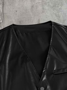 AXEPEAK Men's Non-Stretch PU Leather Button Vest Jacket - Black - View 3