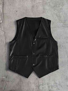 AXEPEAK Men's Non-Stretch PU Leather Button Vest Jacket - Black - View 6