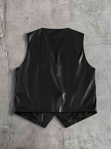 AXEPEAK Men's Non-Stretch PU Leather Button Vest Jacket - Black - View 2