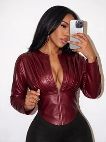 BamGleam Burgundy PU Leather Short Jacket, Waist-Cinching Pleated Design, Zipper Long Sleeve Leather Jacket - Burgundy - View 7