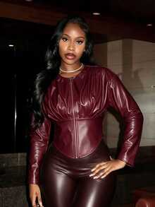 BamGleam Burgundy PU Leather Short Jacket, Waist-Cinching Pleated Design, Zipper Long Sleeve Leather Jacket - Burgundy - View 4