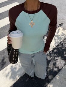 Muchica Women's Brown And Teal Raglan Long Sleeve T-Shirt Fitted Crew Neck Color Block Casual Preppy Y2K Going Out School Everyday Streetwear Basic Fall - Multicolor - View 3