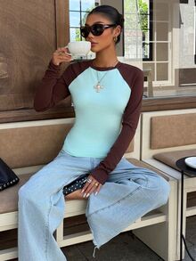 Muchica Women's Brown And Teal Raglan Long Sleeve T-Shirt Fitted Crew Neck Color Block Casual Preppy Y2K Going Out School Everyday Streetwear Basic Fall - Multicolor - View 6