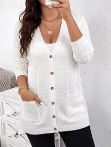Comfylo Plus Size Hollow Out Casual Knit Cardigan Fall - White - View 3