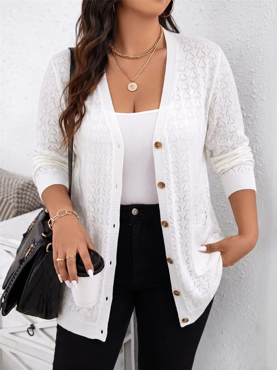 Comfylo Plus Size Hollow Out Casual Knit Cardigan Fall - White - View 1