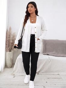 Comfylo Plus Size Hollow Out Casual Knit Cardigan Fall - White - View 5