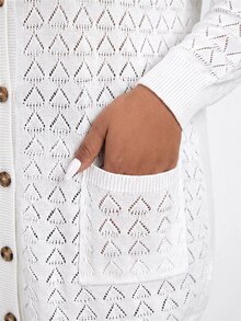 Comfylo Plus Size Hollow Out Casual Knit Cardigan Fall - White - View 2