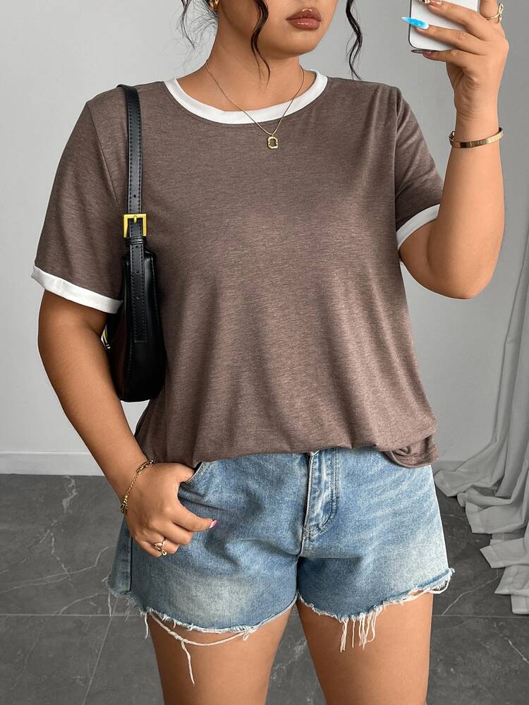 Juhart Plus Size Summer Casual Contrast Trim Short Sleeve T-Shirt - Coffee Brown - View 3