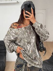 Coolane Women's Fall/Winter Streetwear Y2k Chic Vintage Casual Going Out Tree Branch Pattern Grommet Eyelet Army Green Loose Off The Shoulder Sweatshirt - Black - View 2