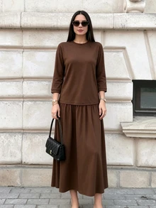 Rue Lumi Gaun Kasual Minimalis Cokelat untuk Wanita, Panjang Sedang - Coklat - View 5