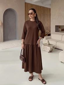 Rue Lumi Gaun Kasual Minimalis Cokelat untuk Wanita, Panjang Sedang - Coklat - View 6