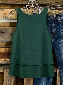 Linhara Spring Summer Autumn Round Neck Sleeveless Double Layer Design Dark Green Plus Size Cami Tank Top Vacation Formal Casual Soft Form - Dark Green - View 2