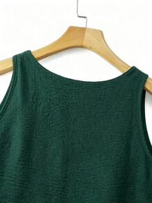 Linhara Spring Summer Autumn Round Neck Sleeveless Double Layer Design Dark Green Plus Size Cami Tank Top Vacation Formal Casual Soft Form - Dark Green - View 3
