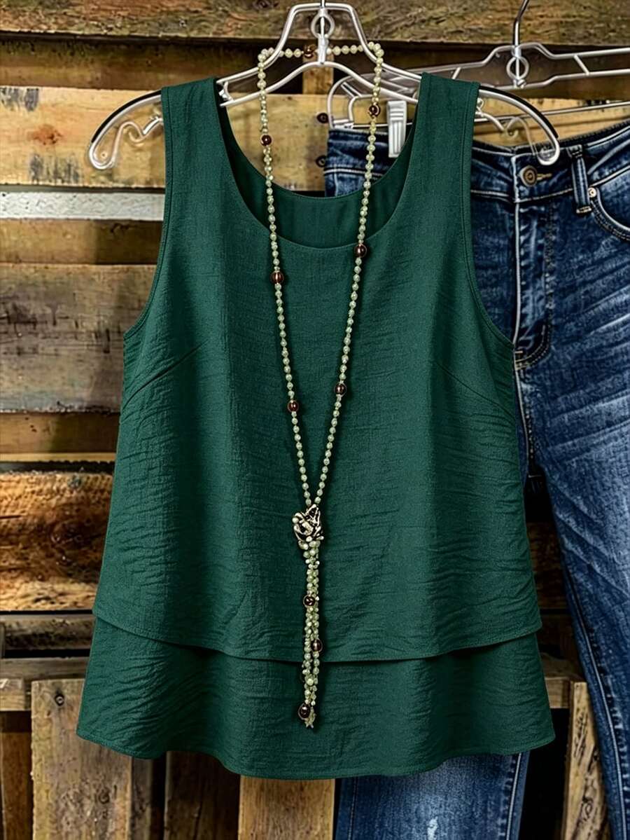 Linhara Spring Summer Autumn Round Neck Sleeveless Double Layer Design Dark Green Plus Size Cami Tank Top Vacation Formal Casual Soft Form - Dark Green - View 1
