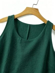 Linhara Spring Summer Autumn Round Neck Sleeveless Double Layer Design Dark Green Plus Size Cami Tank Top Vacation Formal Casual Soft Form - Dark Green - View 5