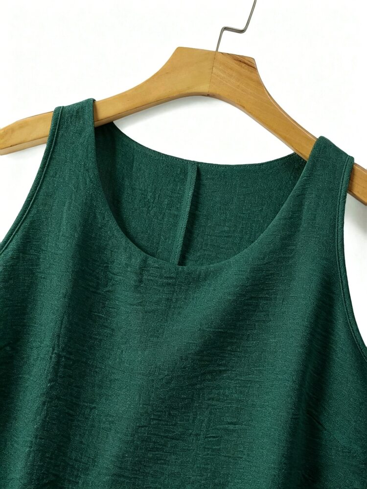 Linhara Spring Summer Autumn Round Neck Sleeveless Double Layer Design Dark Green Plus Size Cami Tank Top Vacation Formal Casual Soft Form - Dark Green - View 5