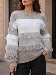Wandoria Women's Autumn New Arrival Single Piece Round Neck Loose Regular Fit Cut-Out Fashion Design Versatile Daily Commute Horizontal Striped Knit Pullover Long Sleeve Top - Multicolor - View 4