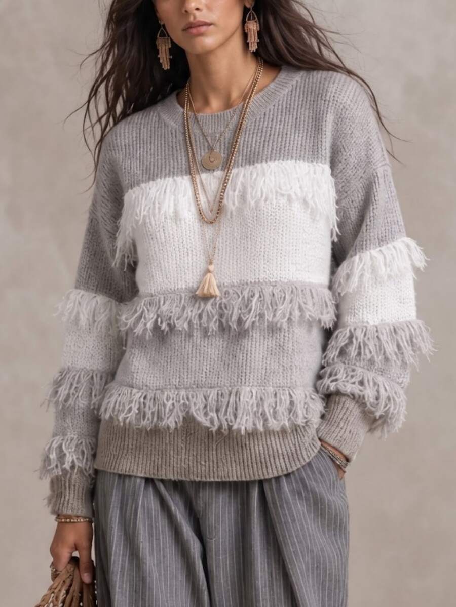 Wandoria Women's Autumn New Arrival Single Piece Round Neck Loose Regular Fit Cut-Out Fashion Design Versatile Daily Commute Horizontal Striped Knit Pullover Long Sleeve Top - Multicolor - View 1