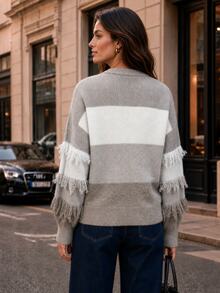 Wandoria Women's Autumn New Arrival Single Piece Round Neck Loose Regular Fit Cut-Out Fashion Design Versatile Daily Commute Horizontal Striped Knit Pullover Long Sleeve Top - Multicolor - View 2